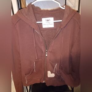 Adorable House Of Freedom Distressed Brown Hoodie Jacket With Pocket Large